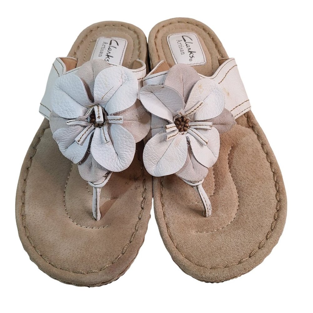 Clarks Artisan Womens White Leather Flower 31600 T Strap Sandals Size 7.5M
